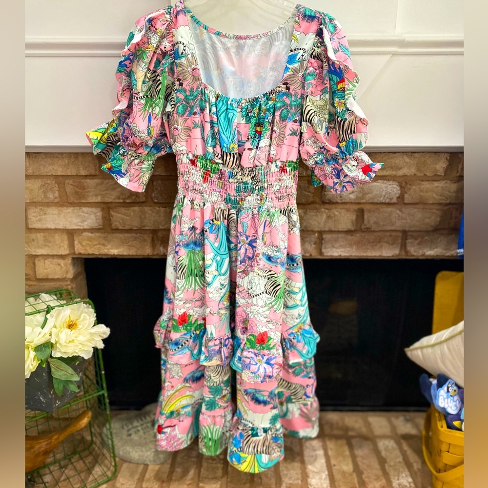 Dress Smocked Waist Safari Print
